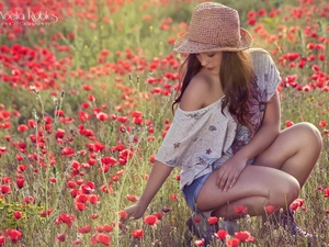 Meadow, girl, Hat, papavers