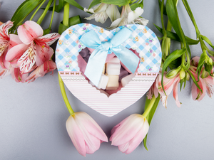 Heart, Present, Box, Foams, Pink, Tulips, Pink-White, Alstroemeria, Flowers
