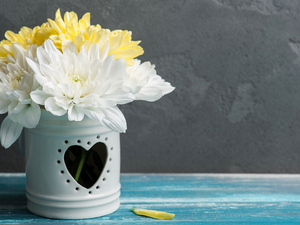 Vase, Heart, Yellow, Chrysanthemums, White