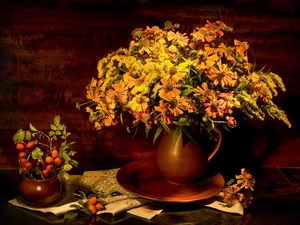 Flowers, bouquet, jug, Helenium