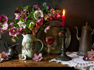 jug, Flowers, glass, Helleborus, composition, candle, napkin