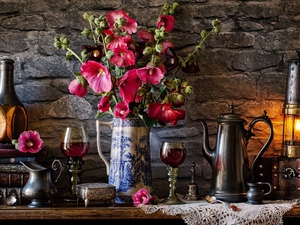 Hollyhocks, Lamp, napkin, jug, glasses, Bouquet of Flowers, composition, Books