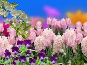 pansies, Tulips, graphics, Hyacinths, Flowers, twig, Spring