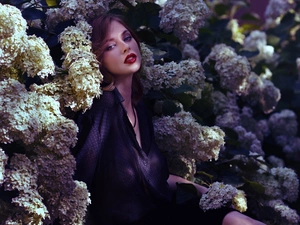 girl, make-up, hydrangeas, model