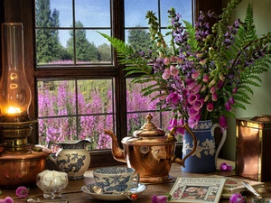 jug, Oil Lamp, Flowers, foxglove, Window, composition, cup, bell, sugar