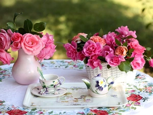 bottles, cup, jug, roses