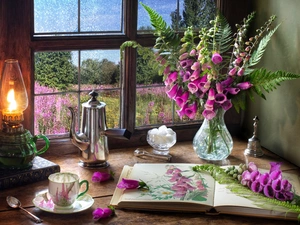 Vase, foxglove, Book, jug, Lamp, Flowers