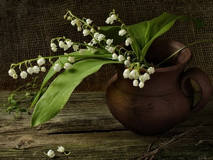 jug, lilies, Table, earthen, wooden