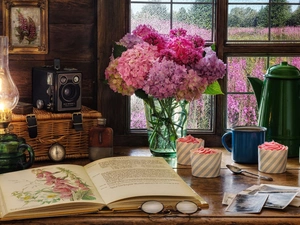 Window, composition, Bouquet of Flowers, hydrangeas, Lamp, jug, Book, Glasses, picture