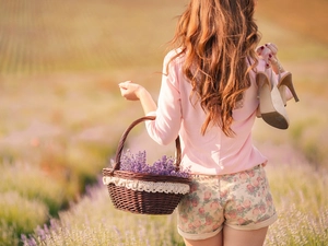 lavender, Boots, Meadow, basket, brunette