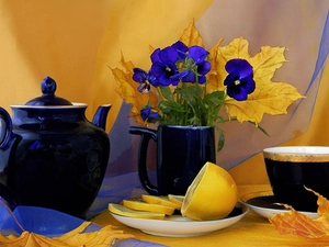 tea, pansies, lemon, teapot