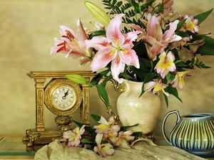 jug, bouquet, Tiger lily, Clock