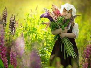 Flowers, Kid, girl, lupine