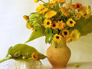 earthen, Yellow, Marigolds, Vase