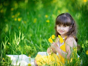 smiling, flowers, Meadow, girl