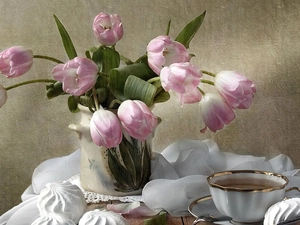 Tulips, cup, meringues, bowl