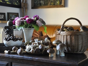 Bouquet of Flowers, basket, mushrooms