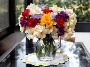 jug, napkin, Flowers, Freesias, bouquet