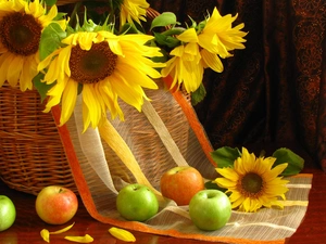 apples, basket, Nice sunflowers