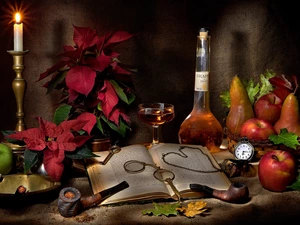 pipe, candle, apples, Wine, truck concrete mixer, star of Bethlehem, Book, composition, Bottle, Watch