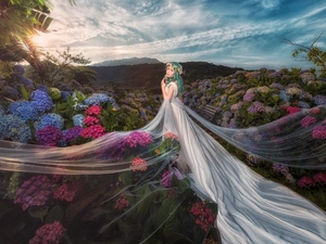 White, Women, green ones, Hair, Dress, hydrangeas