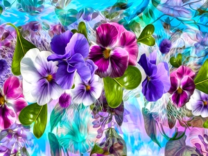 Flowers, leaves, graphics, pansies