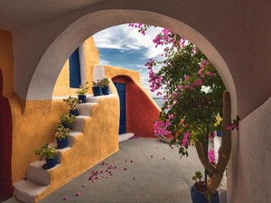 house, Stairs, Bougainvillea, patio