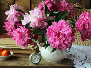 Peonies, jug, basket, Fruits, alarm clock, Flowers, bouquet, Books