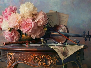 violin, Flowers, Tunes, Peonies, composition, flute, table