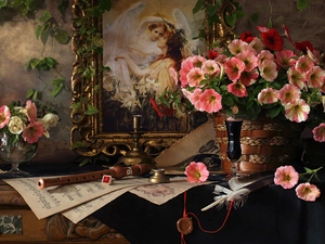 picture, bouquet, flute, petunias, Flowers, Tunes, composition