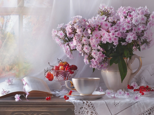 Grapes, bouquet, jug, tablecloth, cup, Flowers, phlox, composition, Red Currant, Book