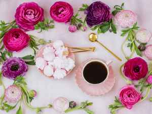 meringues, cup, Flowers, plate, tea, color, glaucoma