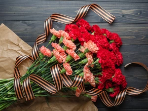 cloves, Pink, paper, Red, Flowers, ribbon, boarding
