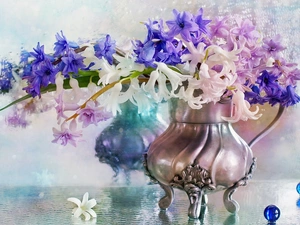 drops, reflection, bouquet, Hyacinths, Vase