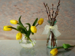 Yellow, glass, ribbon, database, Tulips, vases