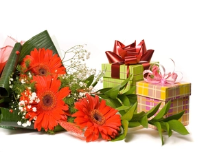 Red, boxes, Ribbons, gerberas