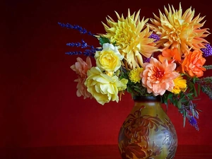 bouquet, dahlias, roses, Flowers