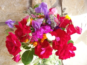 bouquet, peas, roses, flowers