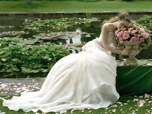 roses, lady, lilies, water, Pond - car, young