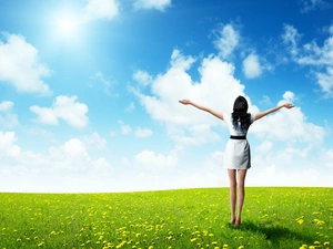 Meadow, Flowers, Sky, girl