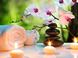 Stones, orchids, Spa, composition, Towels, Candles