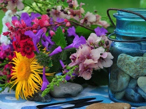 bouquet, jar, Stones, Flowers