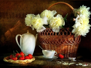 wicker, Peonies, strawberries, basket