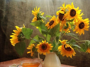 White, bouquet, sunflowers, bowl