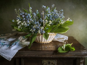 lilies, Flowers, tablecloth, table, basket, Forget