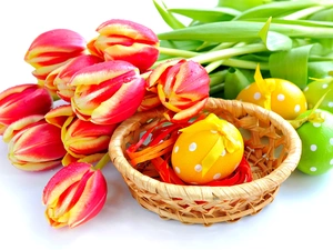 basket, eggs, Tulips, easter