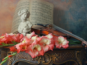 Flowers, violin, table, Tunes, bust, gladioli, composition
