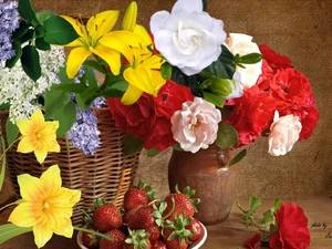 Flowers, basket, Vase, strawberries