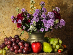 Vase, Fruits, composition, Grapes, Truck concrete mixer, Aster, Flowers, apples