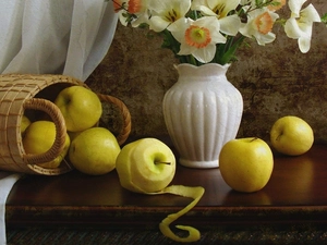 narcissus, apples, Vase, basket